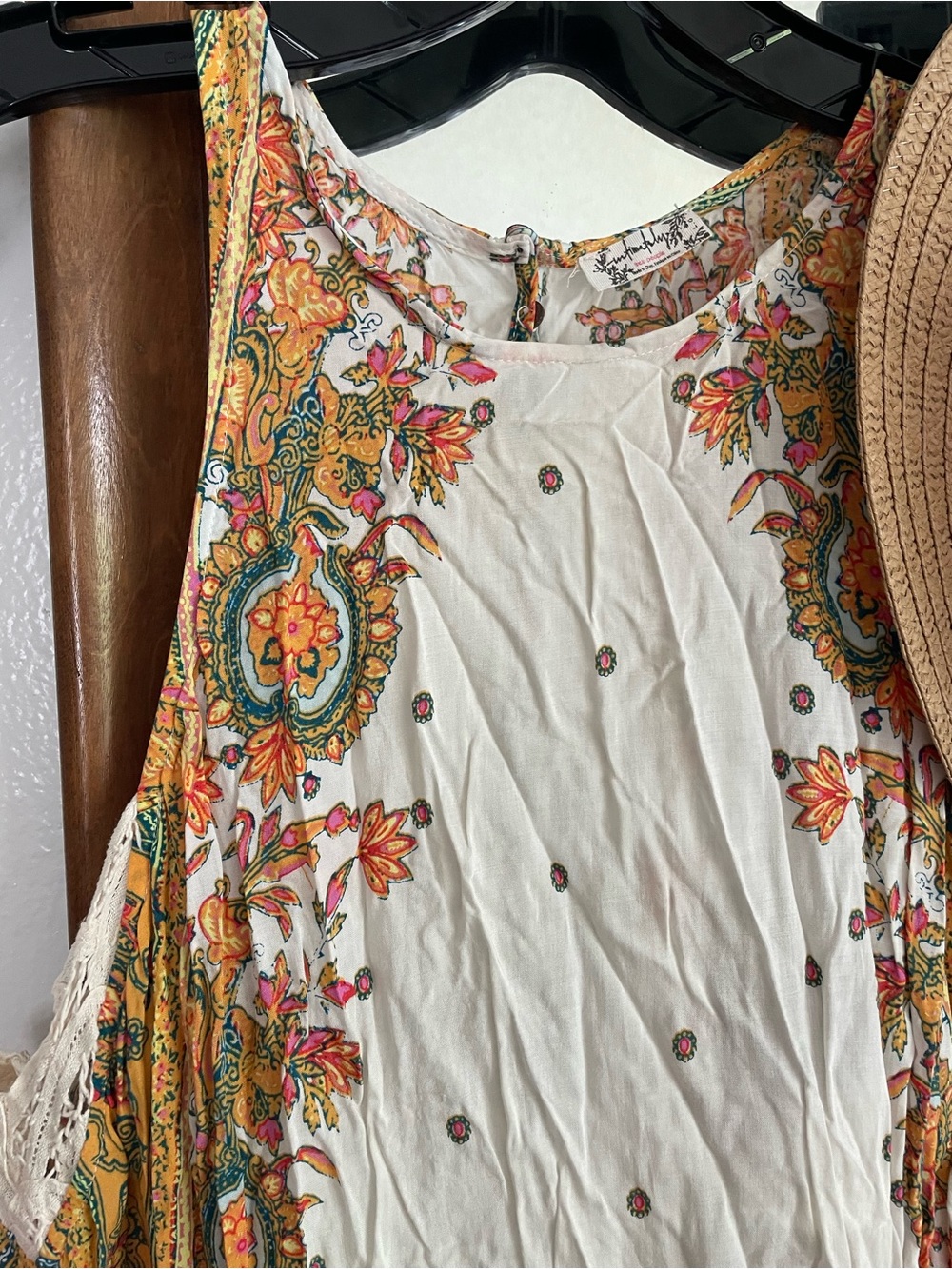 Free People White Mini Dress with Yellow, Orange & Green Paisley Print